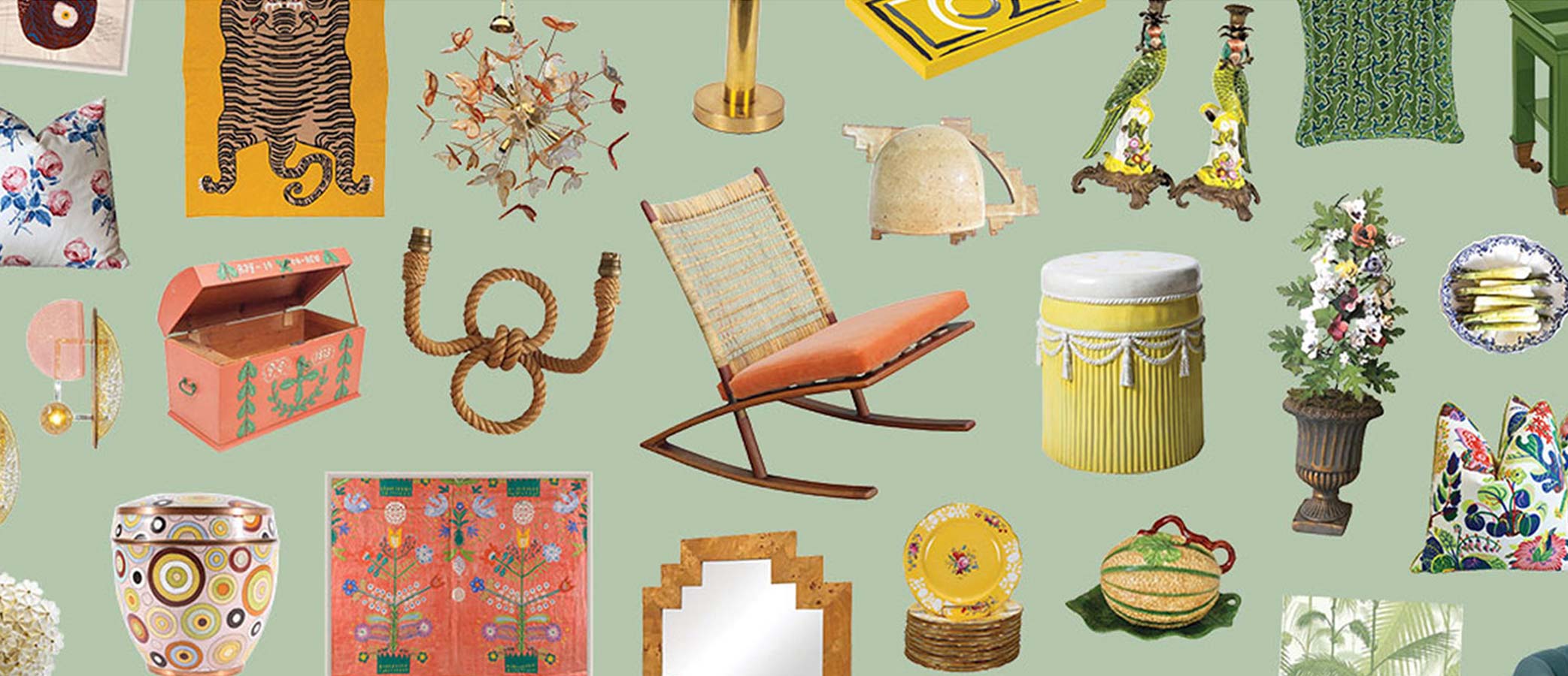 Collage of various furnishings upon greenish background