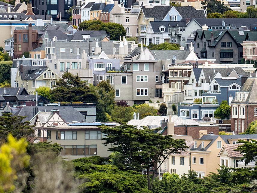 Collection of large homes in hilly neighborhood