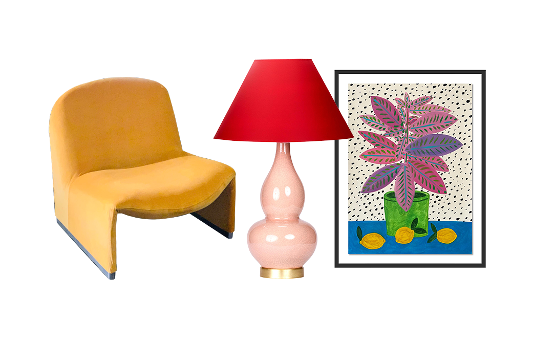 Chair, lamp and framed artwork