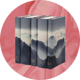 Five adjoined books creating a mountainous landscape overlayed on pink background