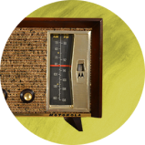 Old timey radio overlayed on lime green background