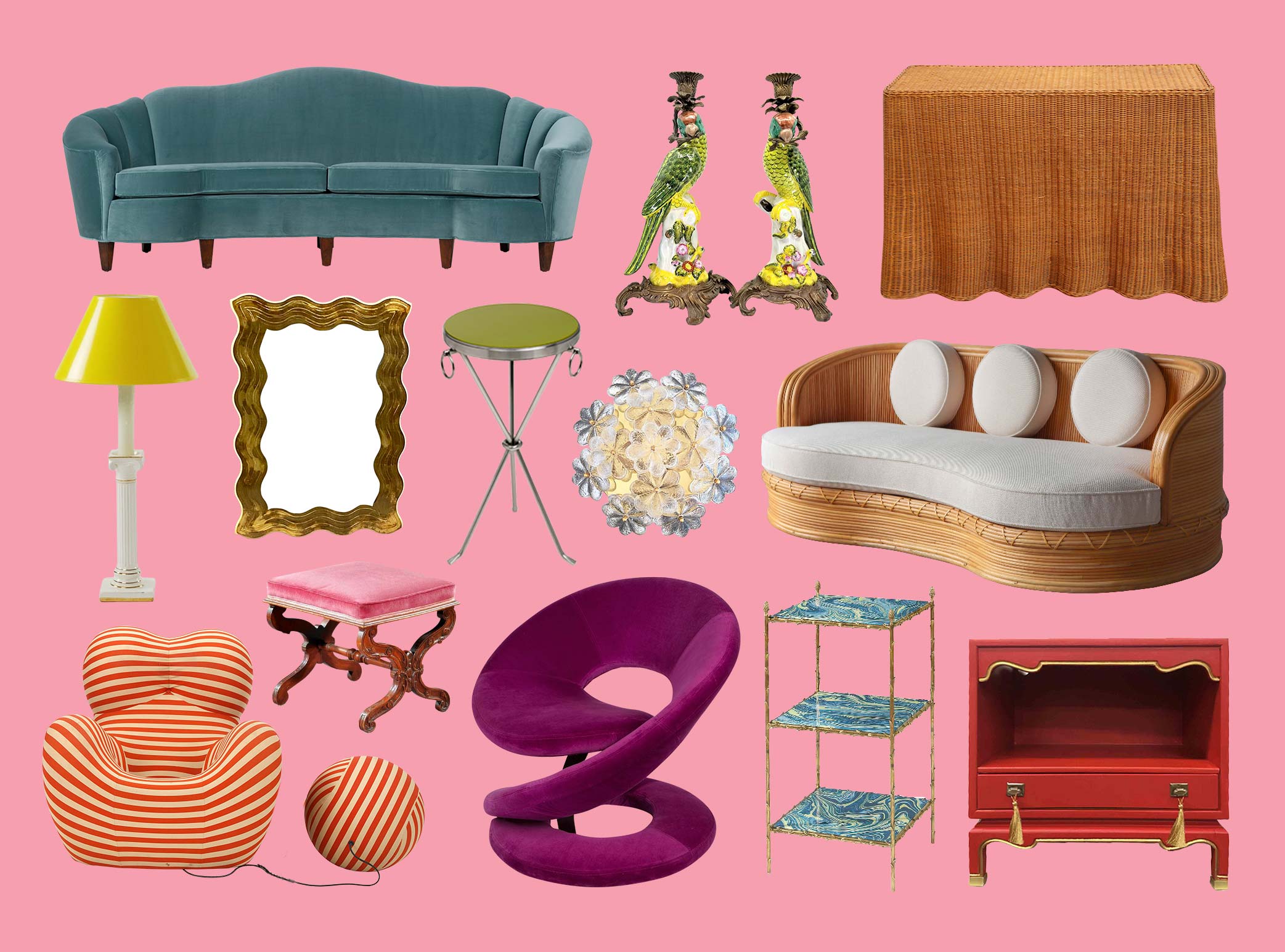 Three rows of most loved furniture items on pink background